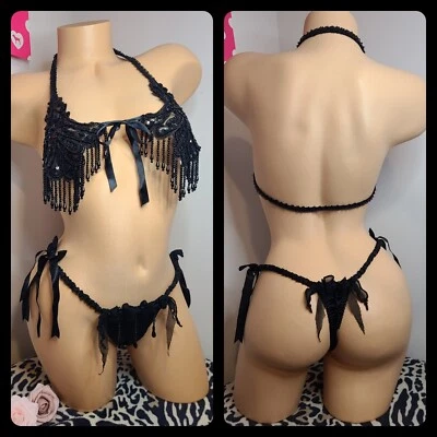 Rare ♡ Victoria's Secret Y2K Exotic Beaded Fringe Bra/ Panty Set Sz Sm ♡ - image 1 of 4
