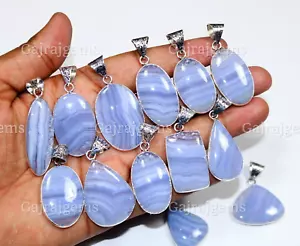 50 Pieces Natural Blue Lace Agate Gemstone Silver Plated Bezel Pendant Jewelry - Picture 1 of 5