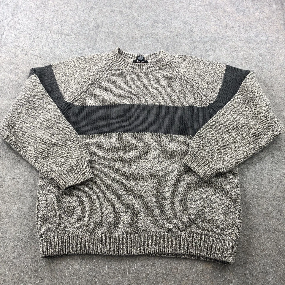 Suéter Skyr Vintage Mujer Grande Gris Negro Rayas Tejido Algodón Cuello Redondo Foto 1 de 4