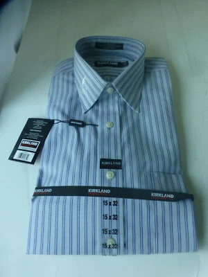 Men 15/32 dress shirt long sleeve 100% cotton non iron striped LT green/ navy - Image 1 of 4