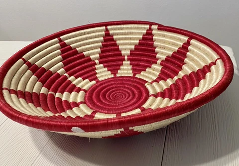 Vibrant Hand Woven Coiled Basket 12”From Central America, Rich Red and Beige Cover