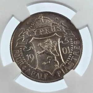CYPRUS 4.5 SILVER PIASTRE COIN 1901 QUEEN VICTORIA NGC AU58 - Picture 1 of 4