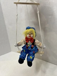 Vintage Clown Doll On A Swing Porcelain Face, Yellow Hair, Bright, Happy - Picture 1 of 6