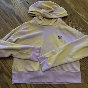 Adidas Girls Crop Hoodie Size Large 13-14 Y Purple Yellow Graphic Print Pullover - Picture 1 of 4
