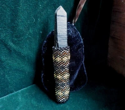 Lemurian Smoky Quartz Crystal Point Beaded Wand in Black Brown Bronze Brass - Image 1 of 4