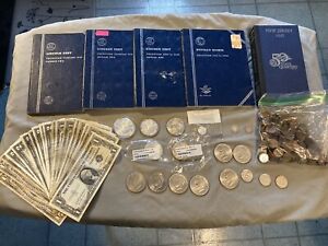Old Us Currency Collection. Silver Coins, Paper Currency, Wheat Pennies, Etc.