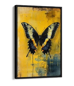 BEAUTIFUL YELLOW AND BLACK BUTTERFLY FLOAT EFFECT CANVAS WALL ART PIC PRINT - Picture 1 of 12
