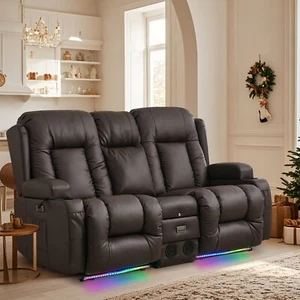 Power Leather Recliner Theater Seats Loveseat w/Ambient Light Bluetooth Speakers - Picture 1 of 25