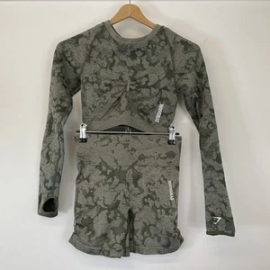 Gymshark Green Camo Super Stretchy Co-ord Long Sleeve Top & Shorts Size Small - Imagen 1 de 9
