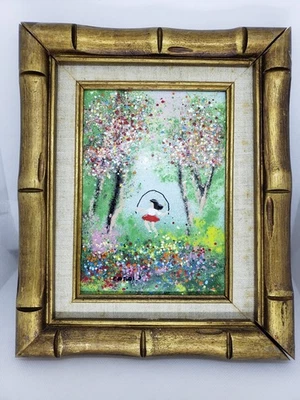 Pintura Louis Cardin Esmalte sobre Cobre Firmada - Niña con una Cuerda Saltar Paisaje Foto 1 de 4