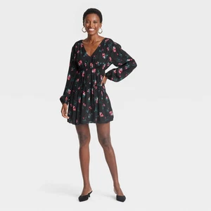Women's Balloon Long Sleeve Dropped Waist Mini A-Line Dress - A New - Picture 1 of 8