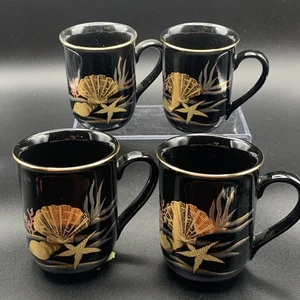 Otagiri Lacquerware Black Set of 4 Mugs Sea Shells Gold Trim - Picture 1 of 6