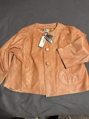 Chico's Leather Jacket Blazer Sz 3 XL  Shrimp Peach Lined Pockets Button Up NWT - Image 1 of 4
