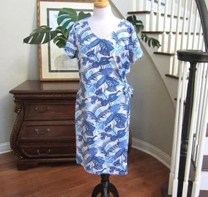 Belle Beach by Kim Gravel Dress Women's Size L Stretch Blue Palm Print Side Tie - Picture 1 of 9