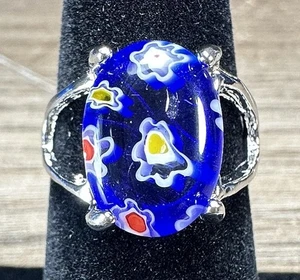 Anillo de plata esterlina azul arte en vidrio millefiori colorido patrón floral talla 6,75 - Imagen 1 de 8