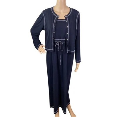 Vtg 90s Navy Blue White Stitch Cardigan + Maxi Dress Size MP - Image 1 of 4