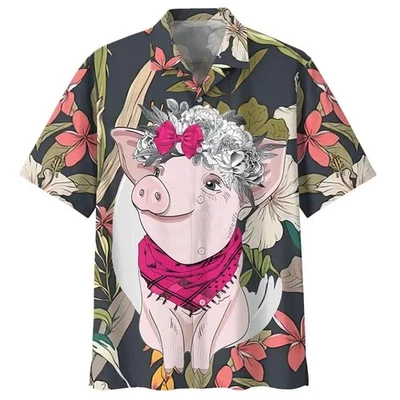 Mens Button Down Shirts Funny Pig Animal Printed Hawaiian Tops Novelty Ugly Gift - Image 1 of 4