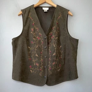 Vintage Vest Size Large Embroidered Floral Faux Suede Olive Cottagecore Romantic - Picture 1 of 9