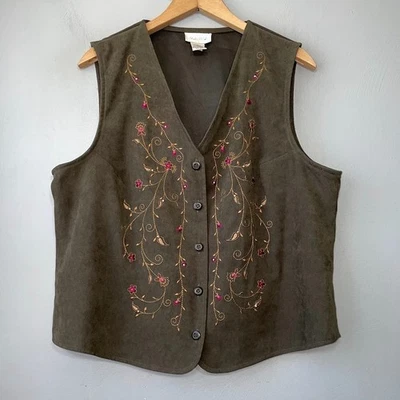 Vintage Vest Size Large Embroidered Floral Faux Suede Olive Cottagecore Romantic - Image 1 of 4