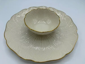Vintage Lenox 24 K Goldrand Porzellan Greenfield Creme Crudite & Dip Platte - Bild 1 von 8