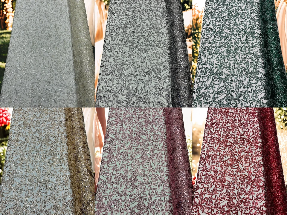 Tela de cuentas de hojas florales - Diseño de hojas cuentas brillantes y lentejuelas en encaje por yarda Foto 1 de 1