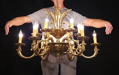 Monumental Antique Victorian Renaissance Revival Maiden Faces Brass Chandelier - Image 1 of 4