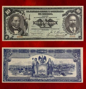1915 MÉXICO 10 PESOS BANKNOTE ESTADO LIBRE Y SOBERANO DE SINALOA ESC - Picture 1 of 3