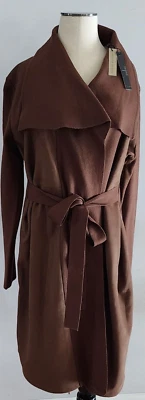 Cardigã feminino T Tahari L suéter longo cintura amarrada camurça vegana terra marrom novo com etiquetas - Imagem 1 de 4