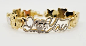 10K Yellow Gold *2 Tone I LOVE YOU  Hollow  8.03" x13.3mm Bracelet with Stones - Picture 1 of 14