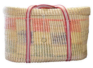 Extra Lg Shopping Beach Coiled Straw Rattan Basket w/Handles & Lid 20”x10”x13" - Picture 1 of 12