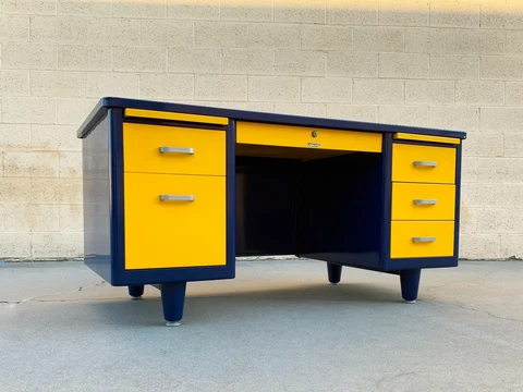 McDowell Craig Mid Century Tanker Desk Custom Refinished in Blue and Yellow Cover