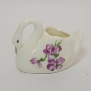 Miniature Porcelain Painted Swan Figurine Toothpick Match Holder Purple Floral - Picture 1 of 10