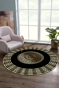 Black Gold Round Rug Non Slip Base Multipurpose Washable Carpet - Picture 1 of 2