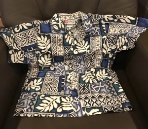 VTG HILO HATTIE ALOHA HAWAIIAN SHIRT POLYNESIAN TAPA BLUE WHITE LEAVES BOYS 16 - Picture 1 of 11