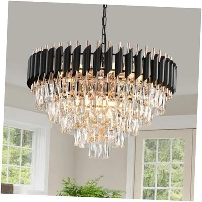 Lámpara de araña de cristal contemporánea moderna para sala de estar W24 pulgadas negra y dorada Foto 1 de 4