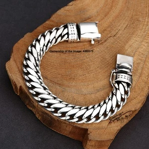 Brazalete de eslabones de 13 mm de plata esterlina real S925 para mujer y hombre 7,10 pulgadas L - Imagen 1 de 5