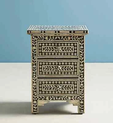 Bone Inlay Floral Design 3-Drawer Bedside Table – Handcrafted Black Side Table - Image 1 of 4