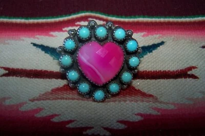 Southwestern Sterling Silver Hot Pink Agate & Turquoise HEART Cluster Ring ADJ - Изображение 1 из 4