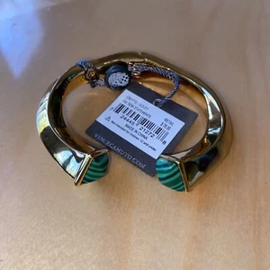 Vince Camuto Gold Cuff Bracelet Spring Open Green Stones NWT - Picture 1 of 6