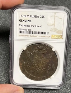 XF+ 1776 RUSSIA 5 Kopeks w/ Corrosion C# 59.3 NGC GENUINE, Amazing Centering! - Picture 1 of 2