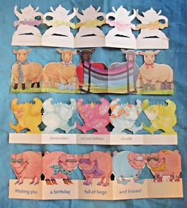 Birthday Cards Ballet Kitty Lambs Monsters Hogs 5 Panel Vintage Lot of 4 Portal - Picture 1 of 11