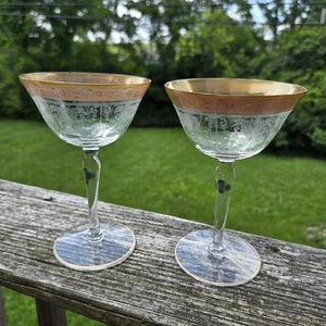 Vintage Tiffin Franciscan Gold Rim 7" Tall Etched Champagne Glasses Set Of 2 - Picture 1 of 13