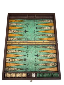 Vintage Mayan Art Carved Malachite Stone Backgammon Set Wood Case - Picture 1 of 7