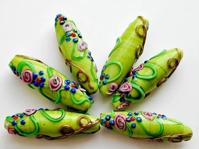 10 piezas exquisitas cuentas de vidrio de murano hechas a mano flor verde 12*42 mm Foto 1 de 4