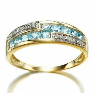 Trendy Band Size 6-10 Aquamarine 18K Gold Filled Wedding Rings For Women Bridal