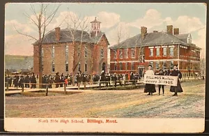 Cartolina antica Billings Montana North Side High School ~ ST.P. & SPOKANE RPO - Foto 1 di 2