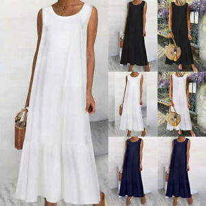 Plus Size Womens Cotton Linen Sleeveless Long Maxi Dress Casual Loose Sundress