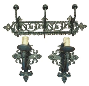 ANTIQUE 1900 S WROUGHT IRON GOTHIC FLEUR-DE-LIS SET COAT RACK & SCONCES FIXTURES - Picture 1 of 21