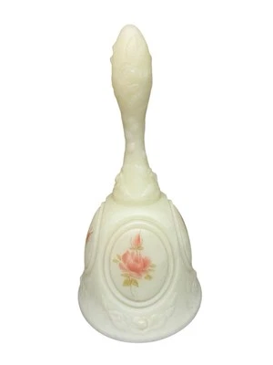 Fenton Custard Satin Glass Bell Hand Painted Floral Signed E. Thomas Vintage - Image 1 of 4