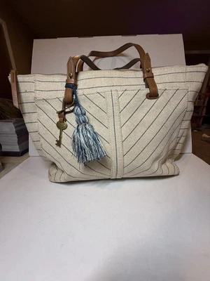Bolso de Mano Fossil Rachel 2024 de Lona a Rayas Correas de Cuero Dijes Completamente Forrado Grande Foto 1 de 4